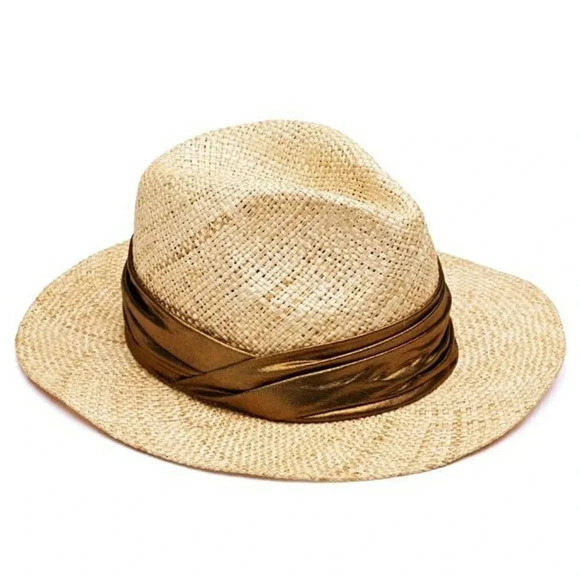 Eugenia Kim Women's Lillian Fedora Natural Bronze Metallic Ruched Band MSRP $295 - Picture 1 of 7